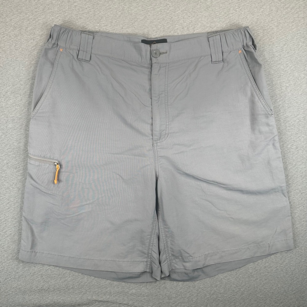 Orvis Trout Bum Cargo Shorts Mens L Gray Nylon Hiking Elastic Waist Quick Dry